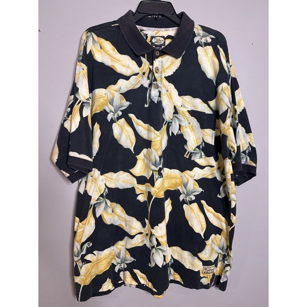 Tommy Bahama Polo Shirt Mens XL Black Yellow Floral Hawaiian 100% Cotton